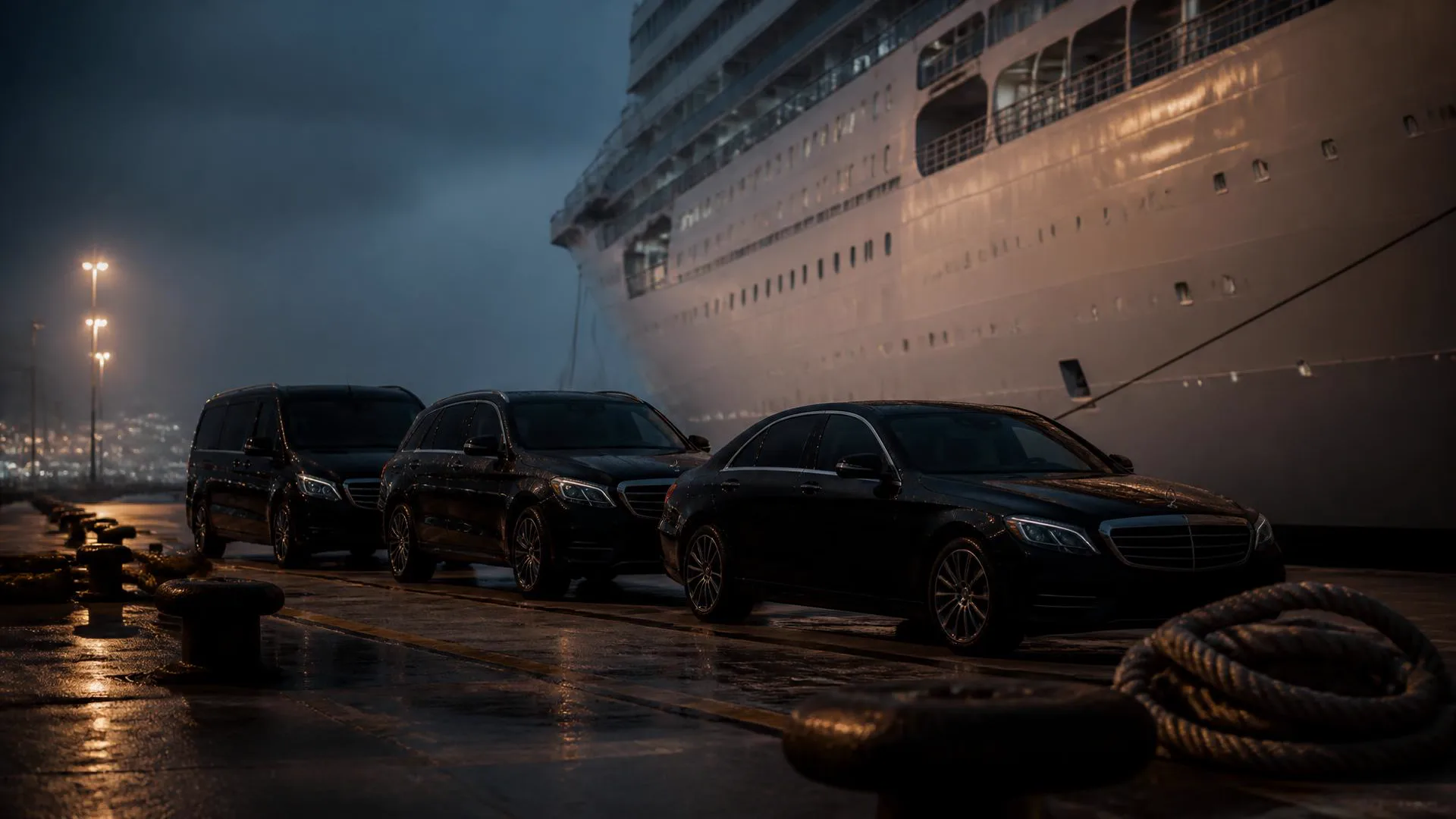 Three black chauffeur vehicles staged in line on a wet cruise terminal apron at first light beneath the hull of a moored ship