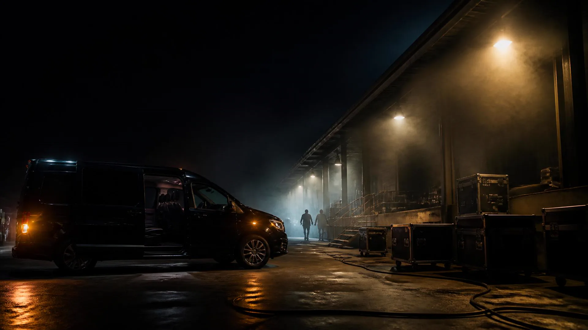 Black chauffeur van waiting at a venue loading dock at night beside stacked flight cases under overhead work lights