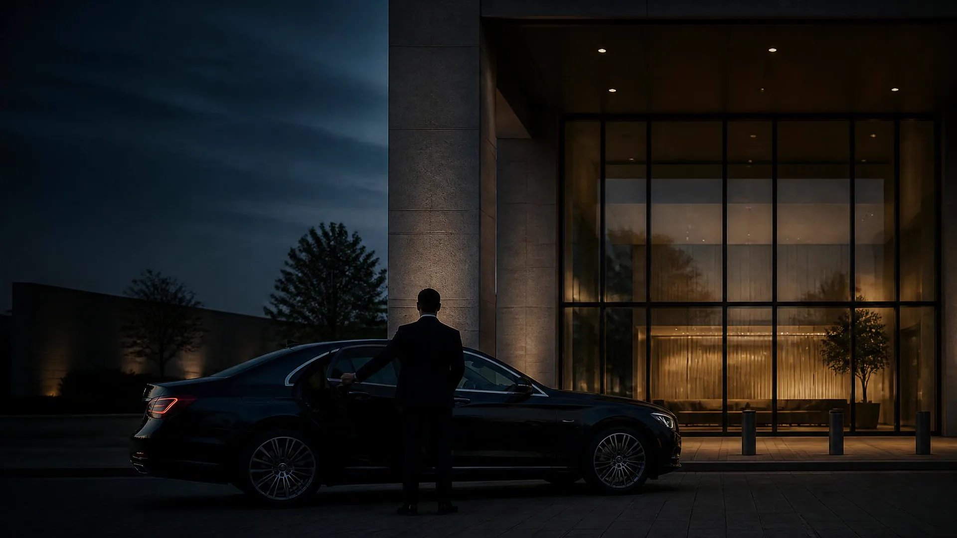 Black executive sedan at the kerb outside a modern civic building at dusk, chauffeur silhouetted from behind holding the rear passenger door