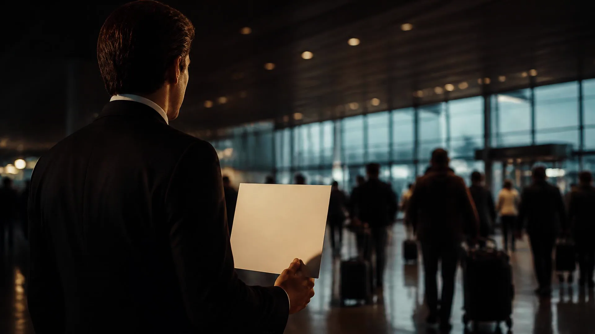 Chauffeur in a dark suit seen from behind holding a blank name board in an airport arrivals hall as travellers pass with luggage