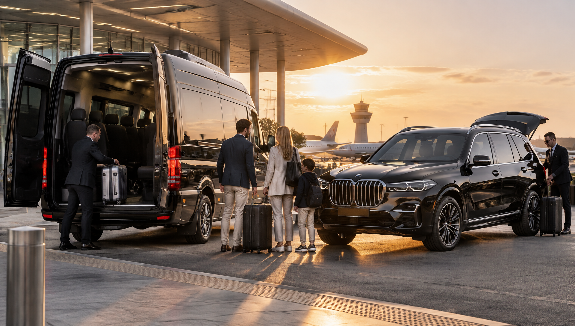 Black Mercedes-Benz Sprinter and luxury SUV loading family luggage at an airport