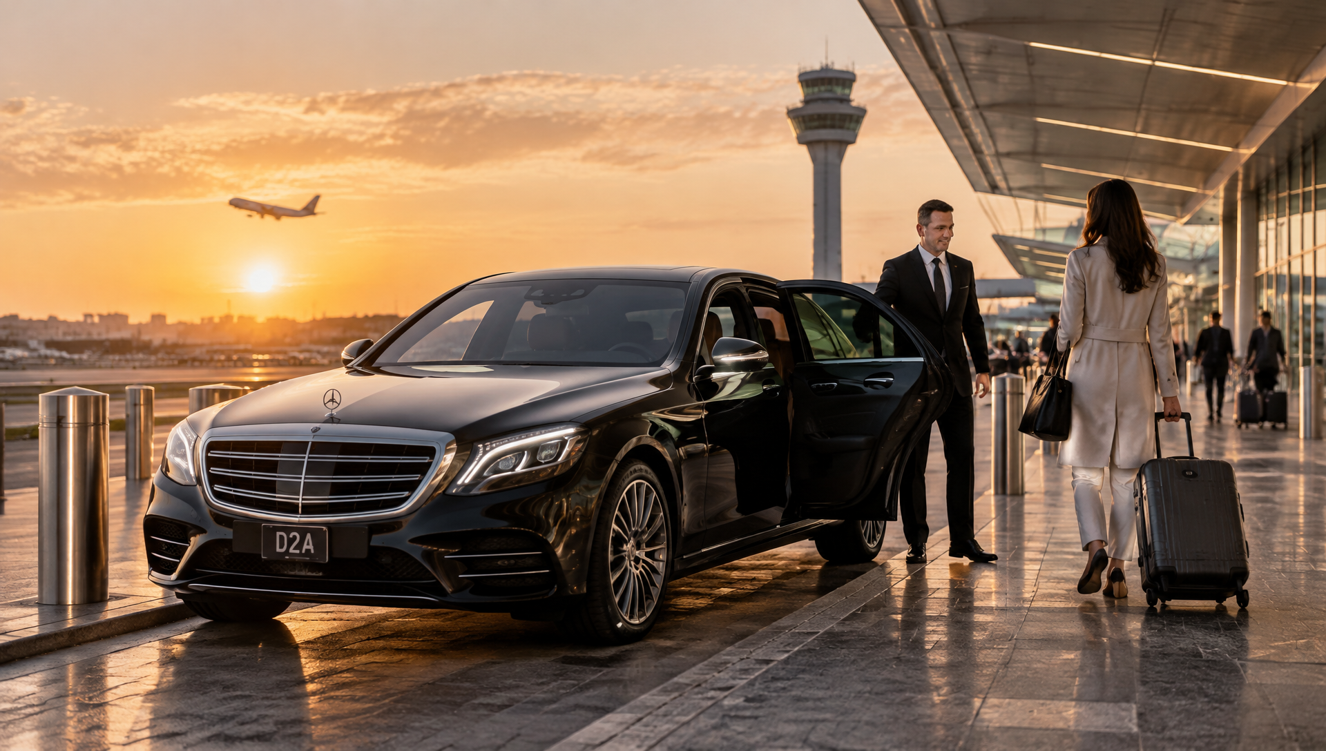 Black Mercedes-Benz S-Class and chauffeur at an unbranded Australian airport terminal
